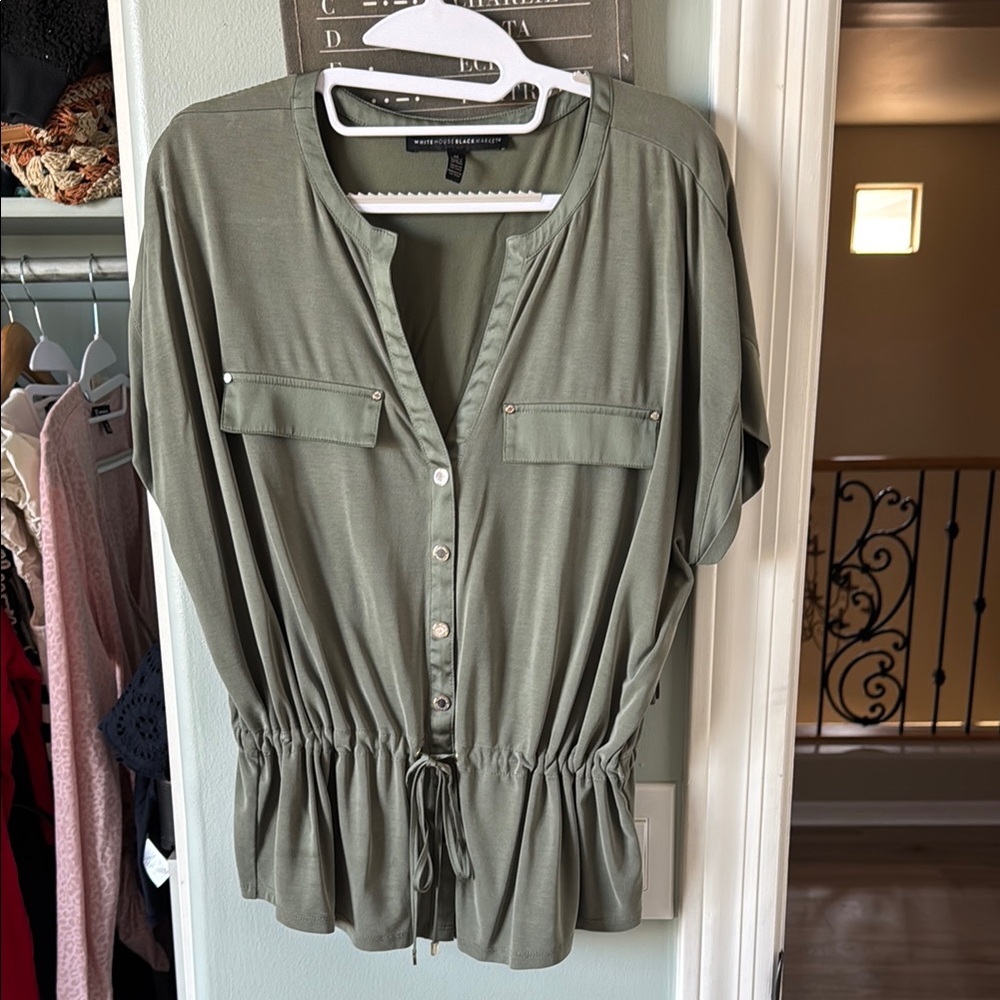 White House Black Market Olive Button-Front Blouse